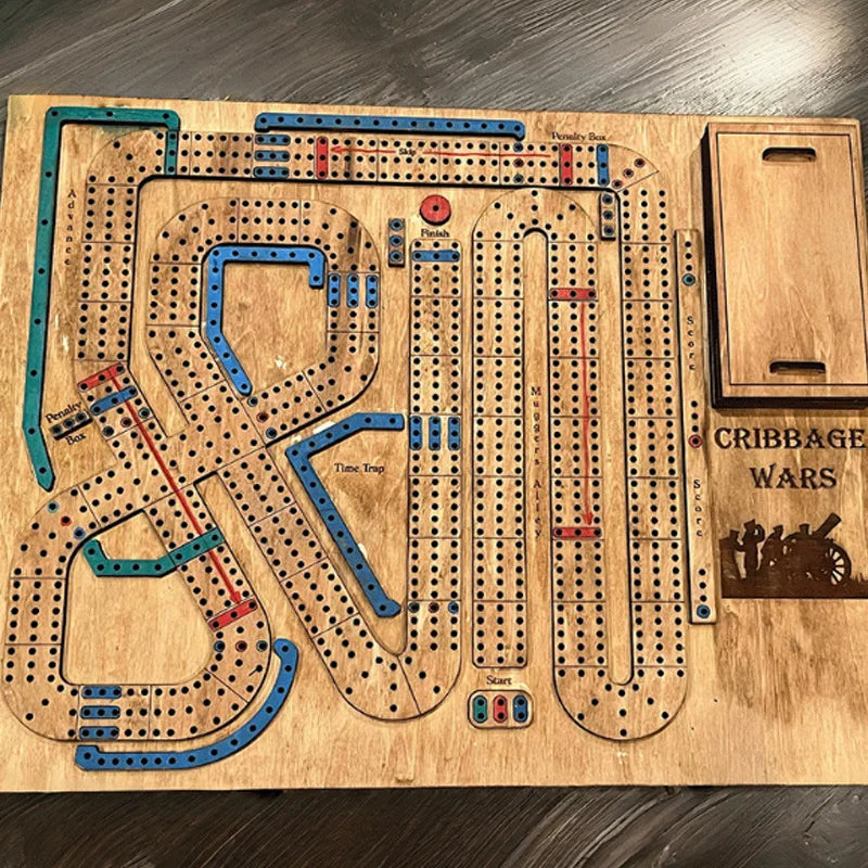 Wooden Cribbage Wars Board Game Set with Built-In Storage Compartment for Pegs Fun Family Table Game
