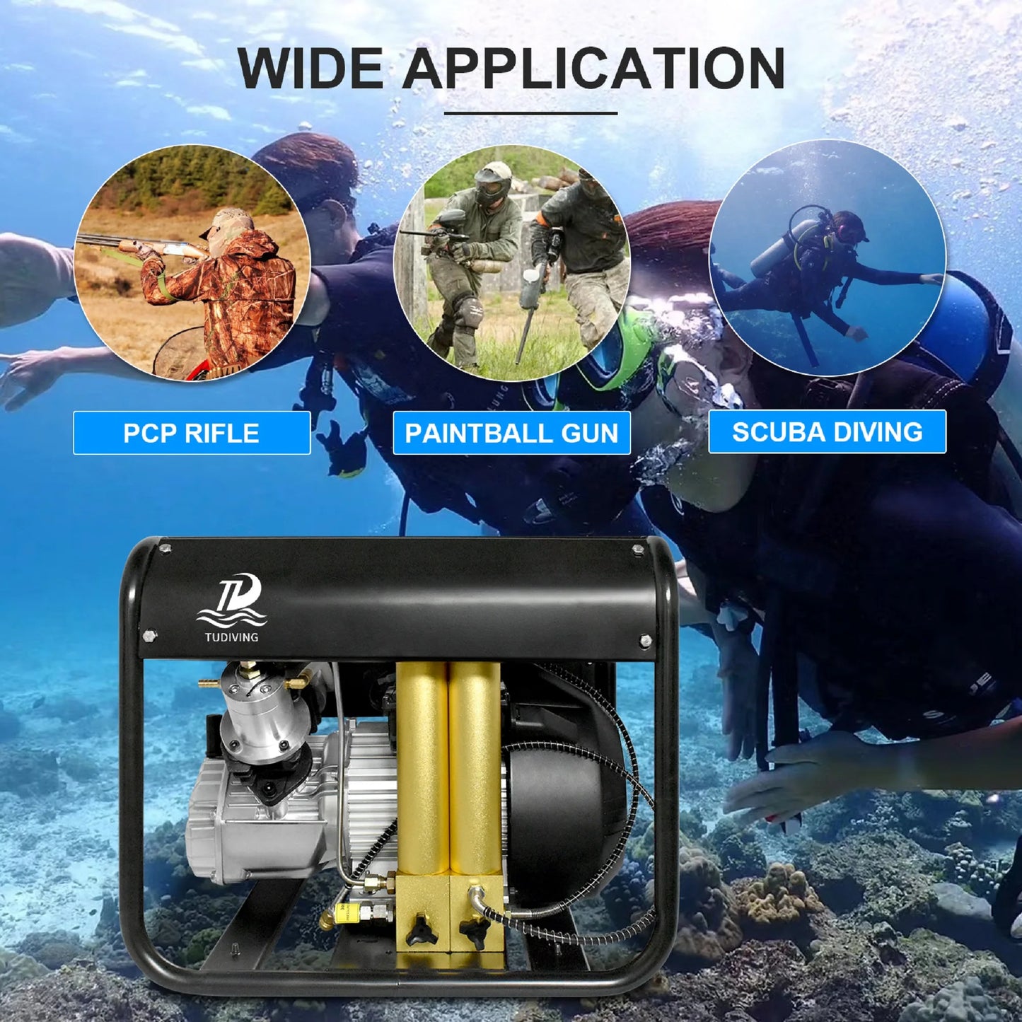 TUDIVING Portable Scuba Air Compressor PCP High Pressure 4500 Psi Compressor for Scuba Diving Firefighting and Paintball