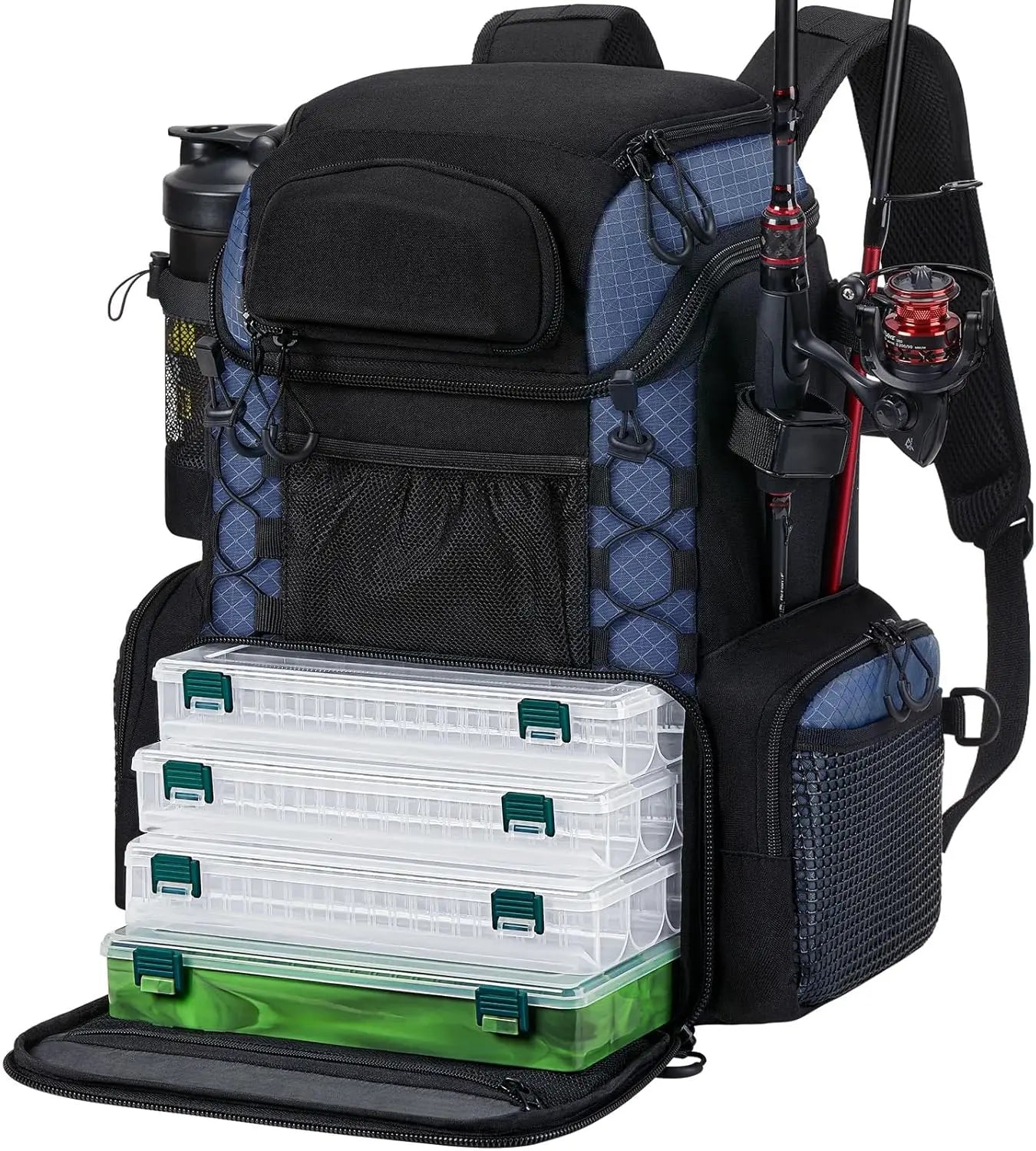 Fishing Tackle Backpack with Rod Holders and Four Tackle Boxes Waterproof Outdoor Fishing Bag