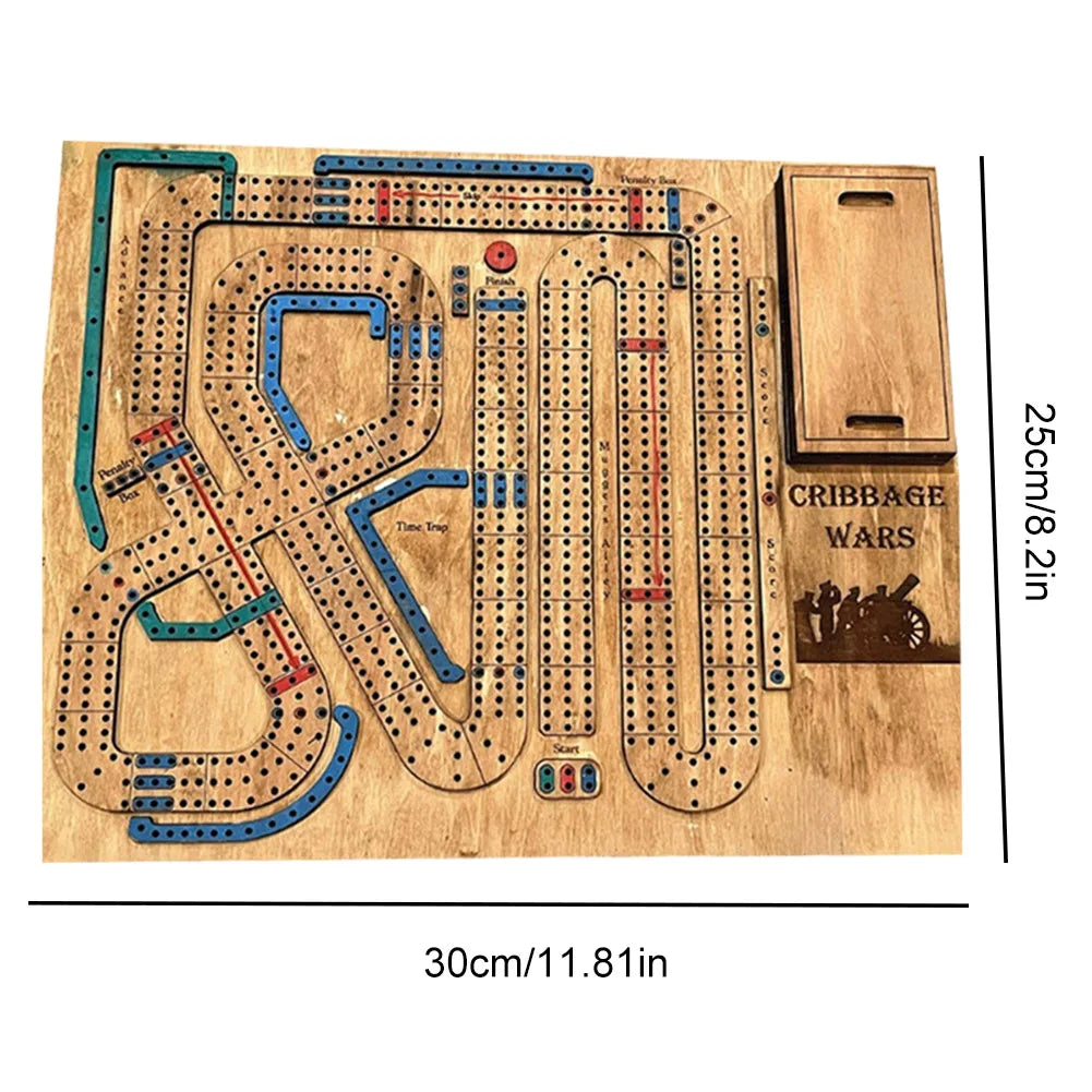 Wooden Cribbage Wars Board Game Set with Built-In Storage Compartment for Pegs Fun Family Table Game