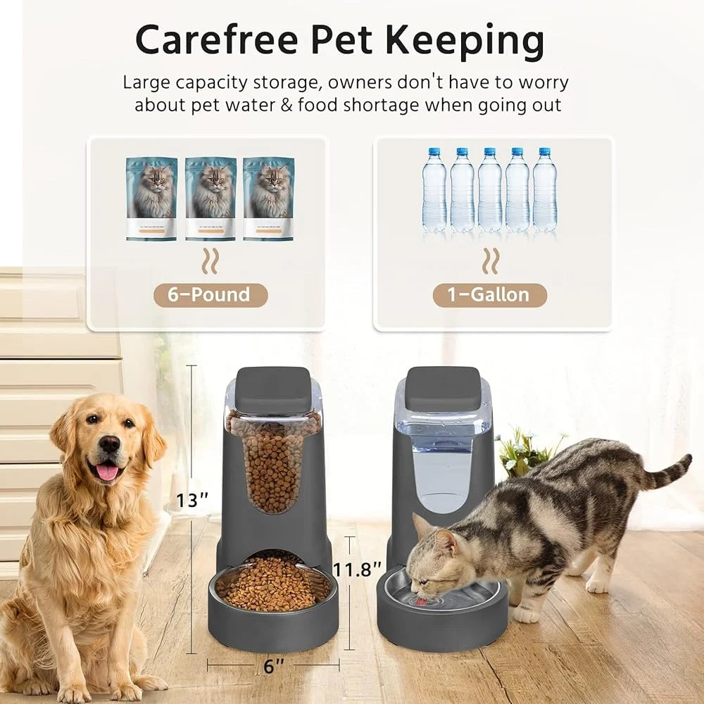 2 Pack Automatic Cat Feeder and Dog Waterer Stainless Steel Gravity Food Dispenser Easy Clean Pet Supply for Small and Medium Animals
