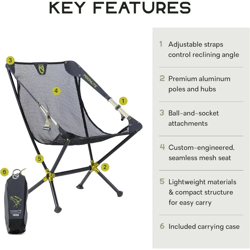 Reclining Camp Chair Portable Backpacking and Camping Chair Adjustable Foldable One Size Black Pearl