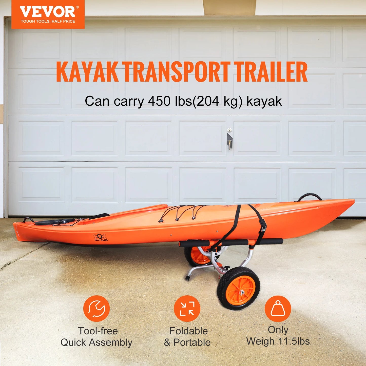 VEVOR Kayak Cart 450lbs Detachable Canoe Trolley with 12'' Tires Adjustable Width