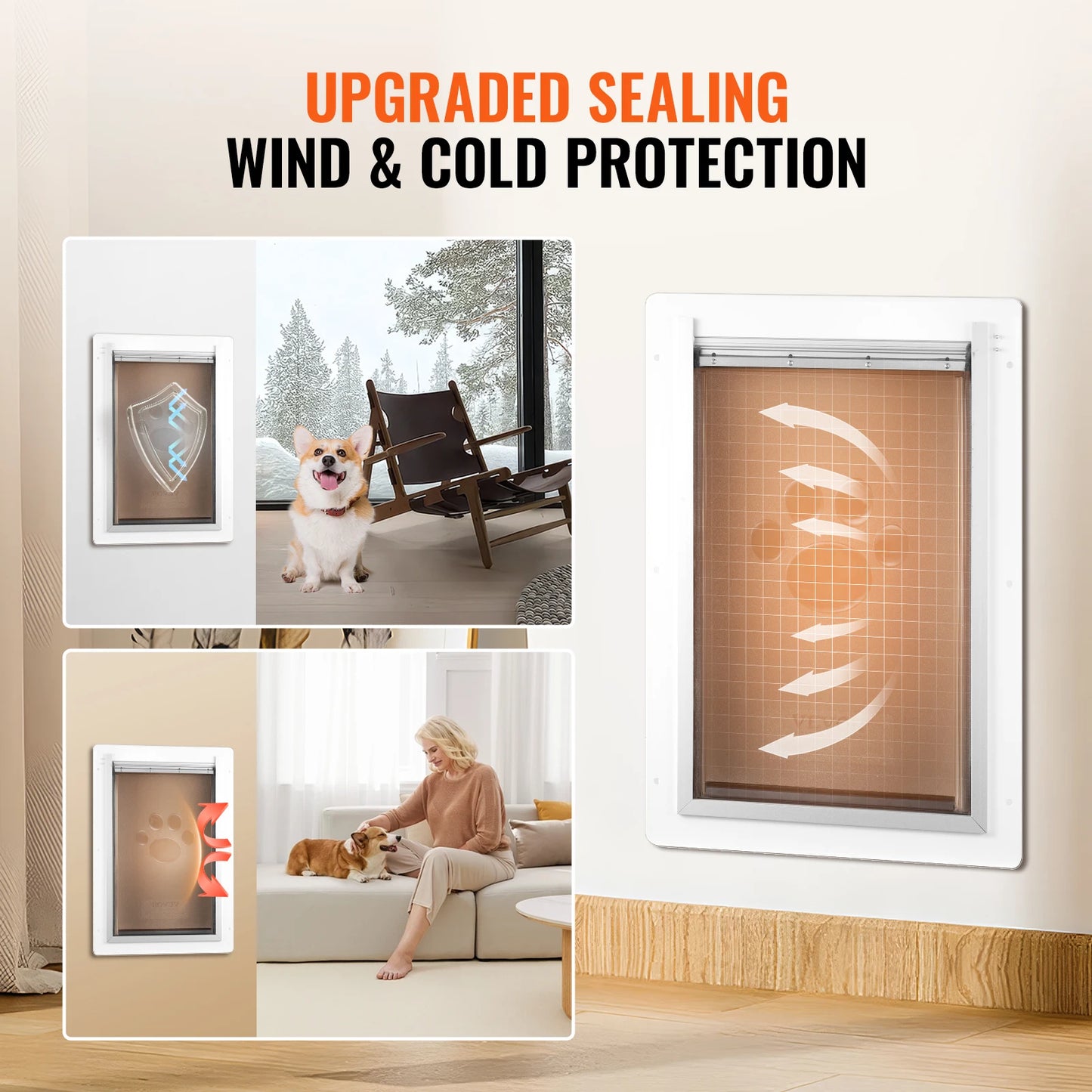 VEVOR Pet Door Metal Frame with Lock and 3-Flap System Weatherproof Doggy Door Easy to Install in Interior or Exterior Walls