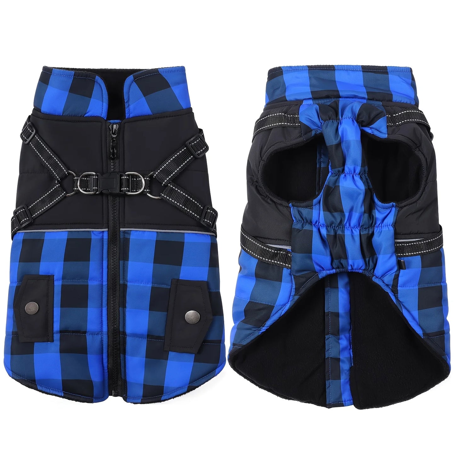Plaid Thicken Padded Pet Dog Jacket With Harness For Cold Weather Windproof Winter Dog Coat For Small Medium Large Dogs