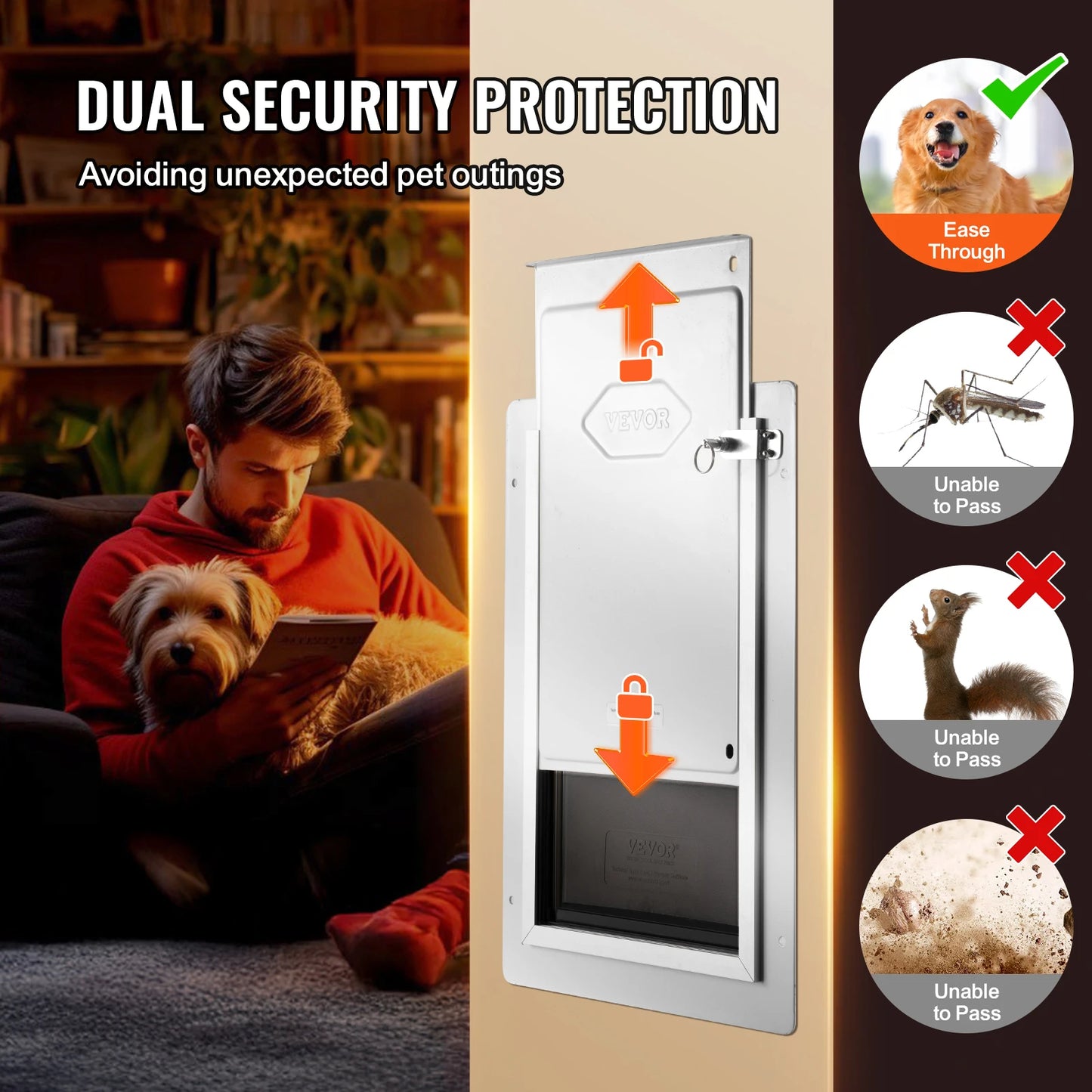VEVOR Pet Door Metal Frame with Lock and 3-Flap System Weatherproof Doggy Door Easy to Install in Interior or Exterior Walls