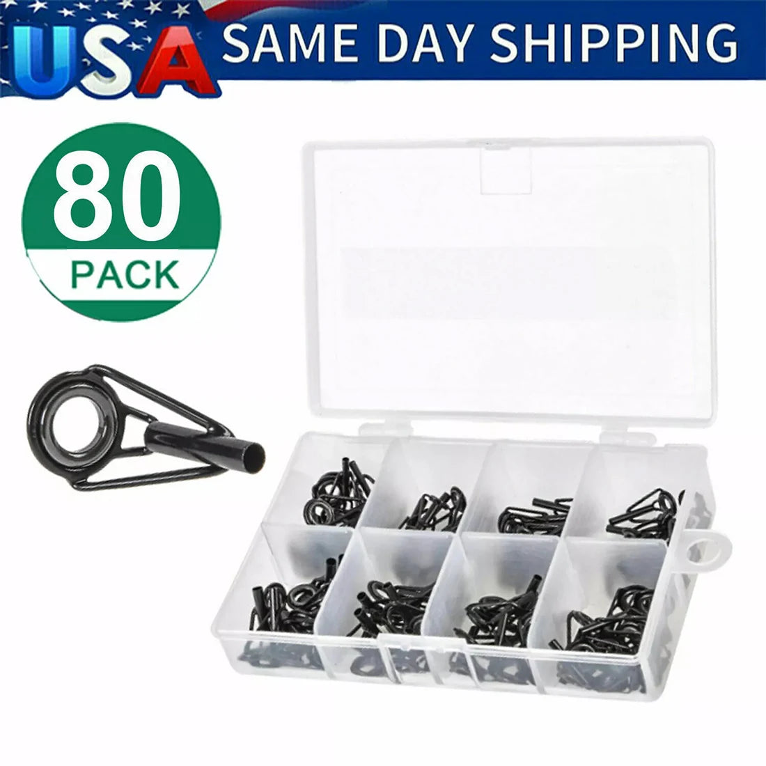 80PCS Ceramic Fishing Rod Guide Tips Top Eye Rings Line Repair Kit 8 Sizes Set Durable Fishing Tools