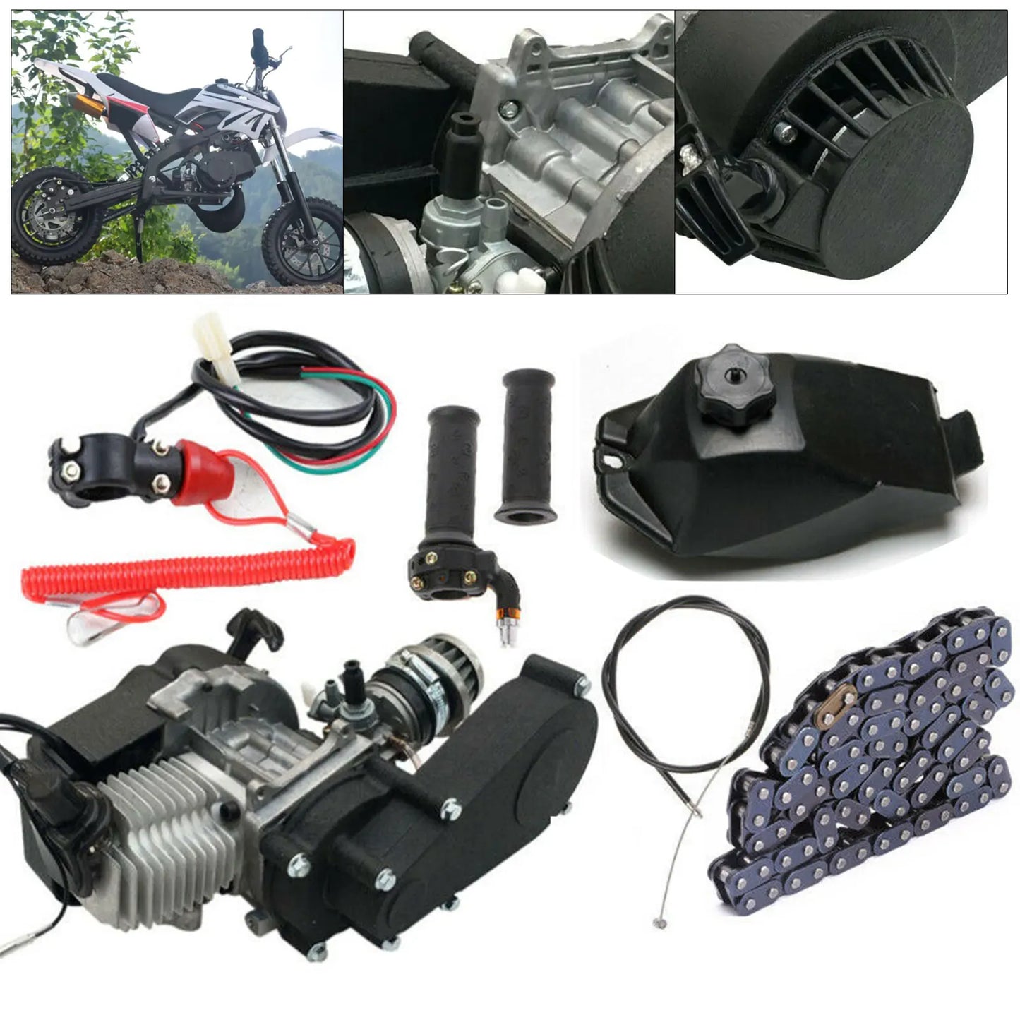 2 Stroke 49CC Pull Start Engine Mini Dirt Bike Motor Gear Box Chain Kit for Mini Pit Bike ATV Quad Scooter Single Cylinder