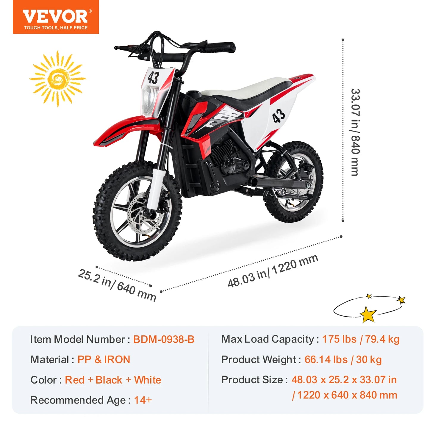 VEVOR 36V Kids Ride On Motorcycle with Speed Up to 15.5mph LED Light Battery Gauge Electric Motorcycle Toys for Children Boys