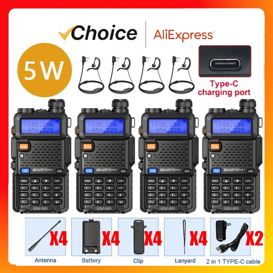 4Pcs Baofeng UV-5R 5W Tri Power Walkie Talkie High Power Dual Band Long Range Portable Handheld Radio
