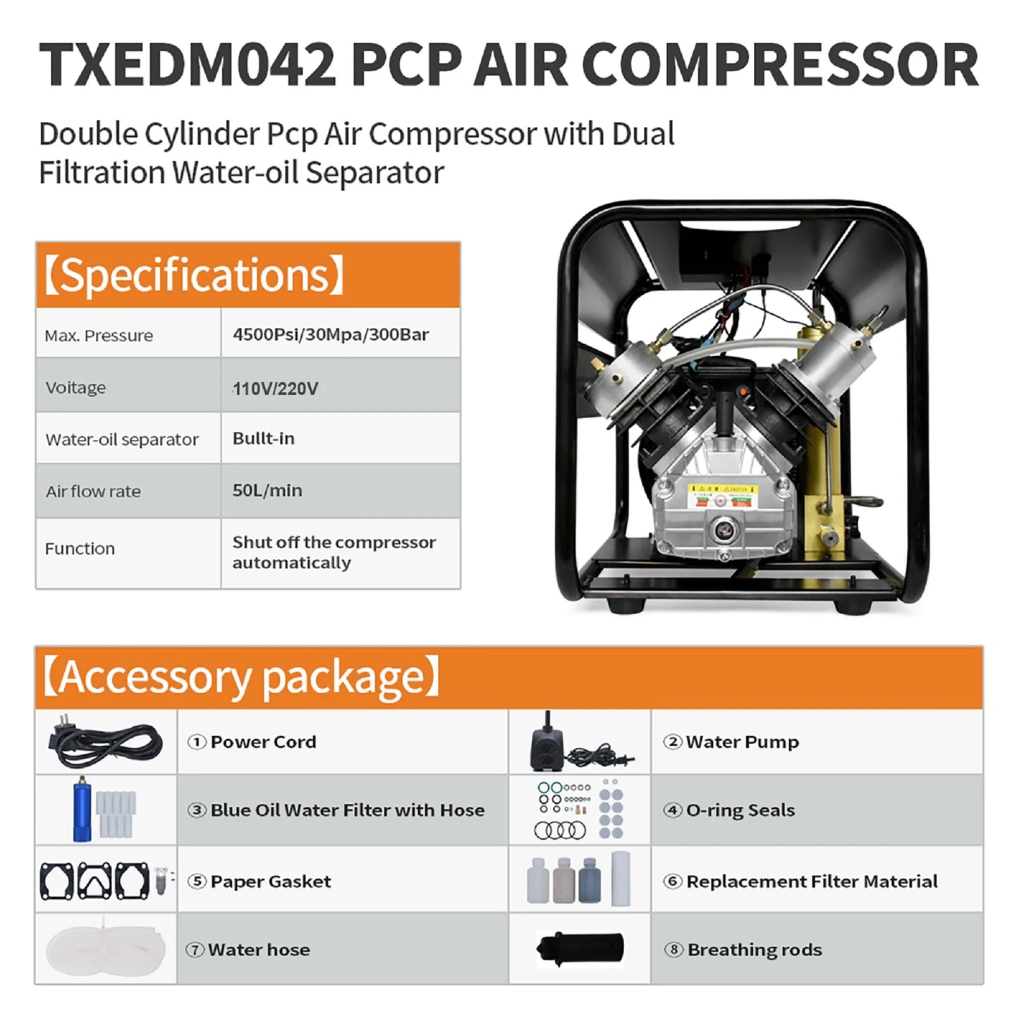 TUDIVING Portable Scuba Air Compressor PCP High Pressure 4500 Psi Compressor for Scuba Diving Firefighting and Paintball