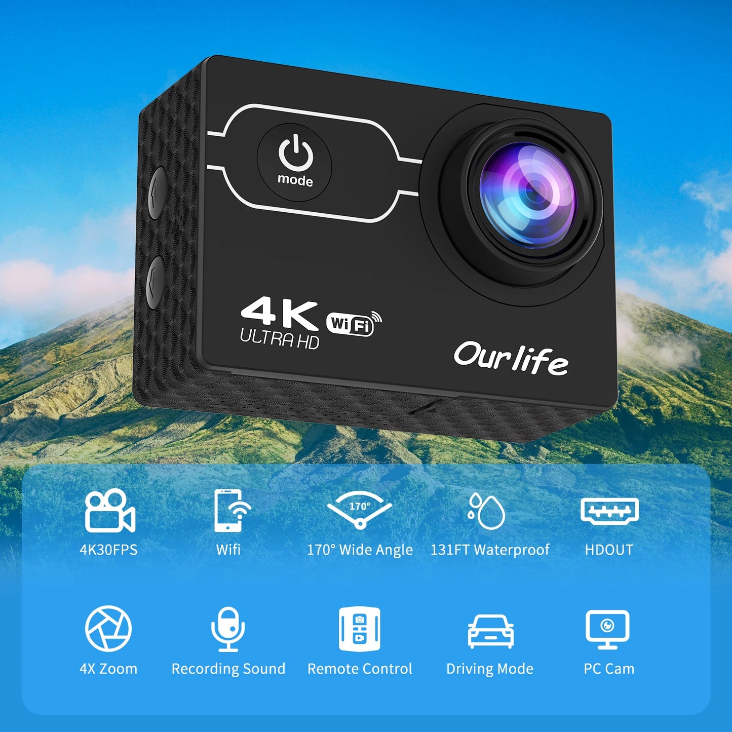 4K Action Camera Ultra HD WiFi 2 Inch Screen 30M Waterproof Sports Video Camera with 3 Batteries