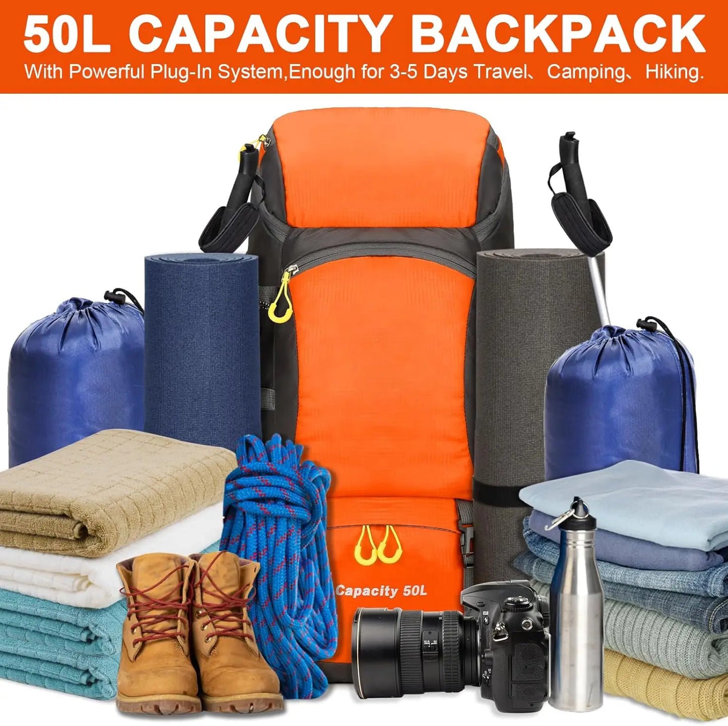 Hiking Backpack Waterproof 50L Lightweight Travel Backpack with Rain Cover for Camping Trekking and Outdoor Sports
