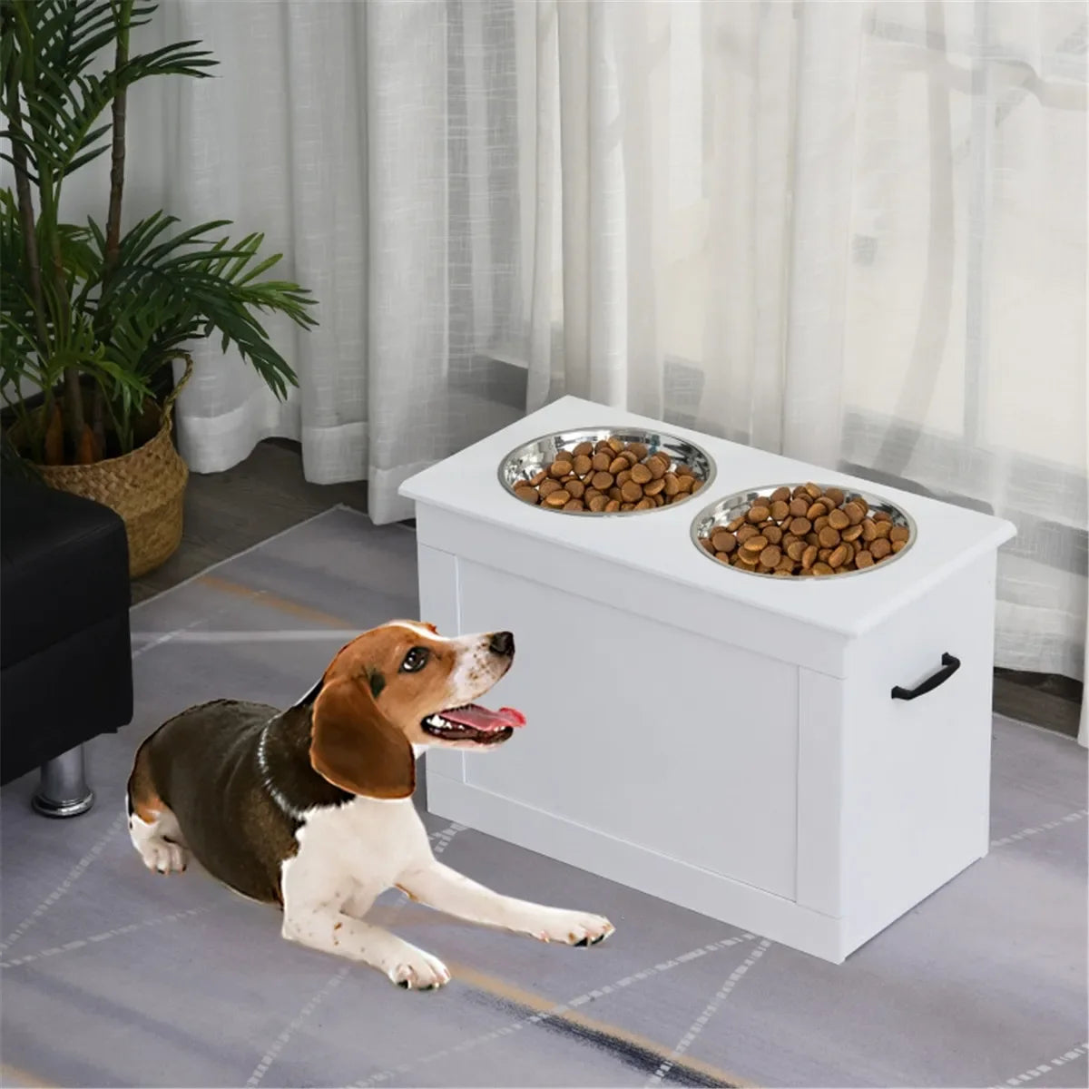 Raised Dog Bowls with Storage for Large Breeds Removable Stainless Steel Bowls Easy Clean Pet Feeding Station