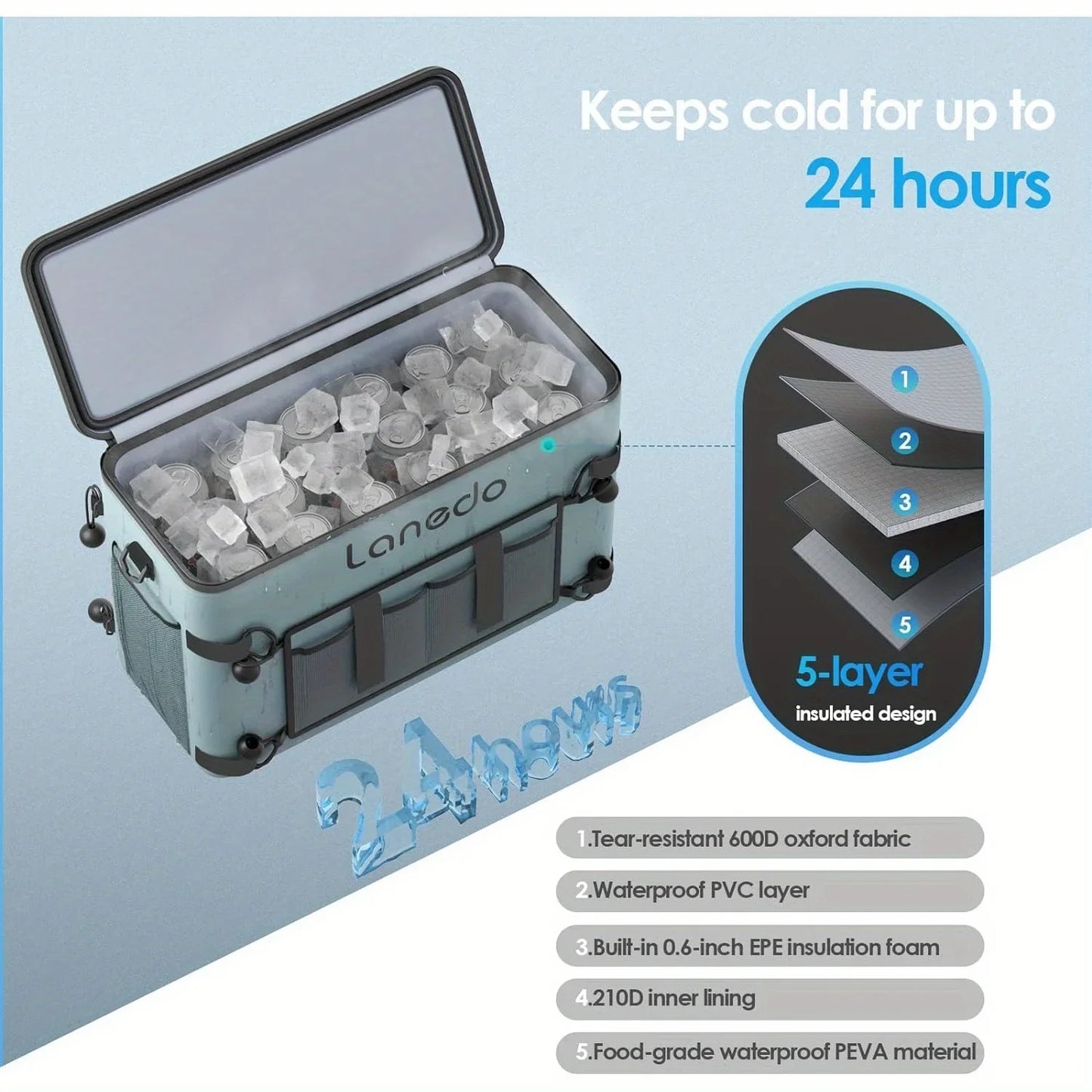 34/28 Can Lanedo Soft Sided Cooler Collapsible Waterproof Ice Chest Travel Cooler for Food Shopping Camping Fishing