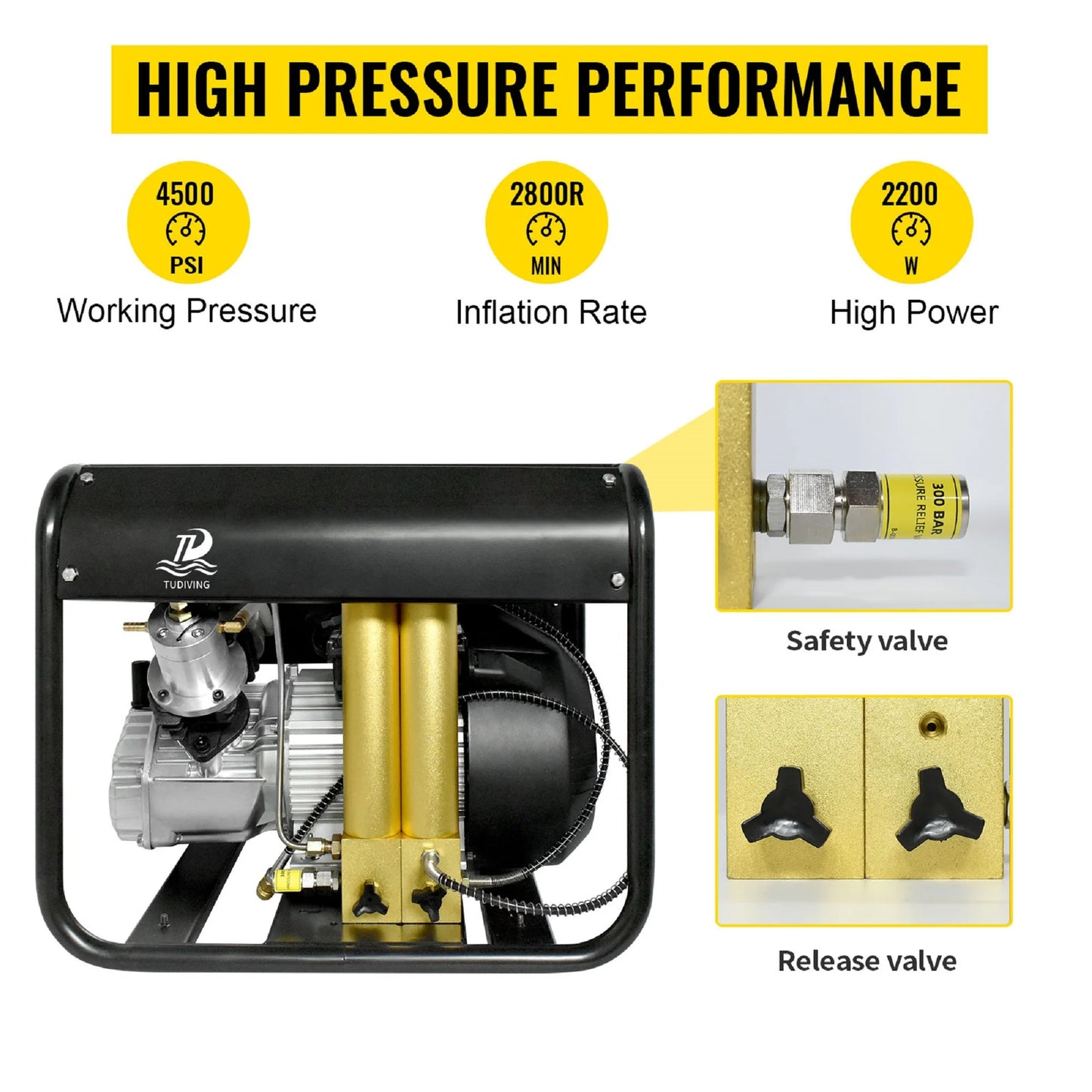 TUDIVING Portable Scuba Air Compressor PCP High Pressure 4500 Psi Compressor for Scuba Diving Firefighting and Paintball
