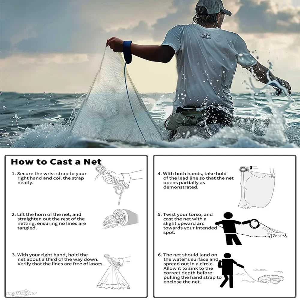 American Saltwater Fishing Cast Net for Bait Trap Fish 3 to 10 Foot Radius Heavy Duty Zinc Sinker Weight