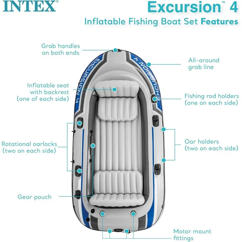 INTEX Excursion Inflatable Boat Series: Includes Deluxe 54in Boat Oars and High-Output Pump – SuperTough PVC – Adjustable Seats