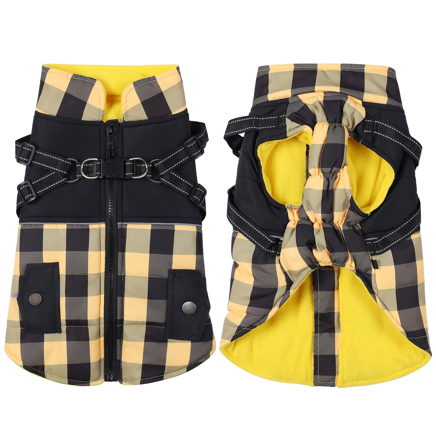 Plaid Thicken Padded Pet Dog Jacket With Harness For Cold Weather Windproof Winter Dog Coat For Small Medium Large Dogs