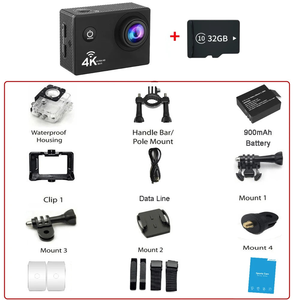 4K Action Camera A1 Ultra HD WiFi 12MP 2 Inch LCD 30M Waterproof 170 Degree Remote Control Helmet Bicycle Video Camera Outdoor Sport Cam