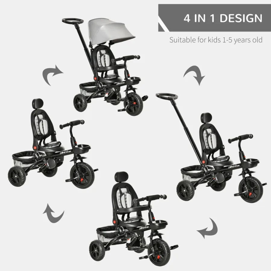 Baby Tricycle 4 In 1 Trike With Reversible Angle Adjustable Seat Removable Handle Canopy Handrail Belt Storage Footrest Brake