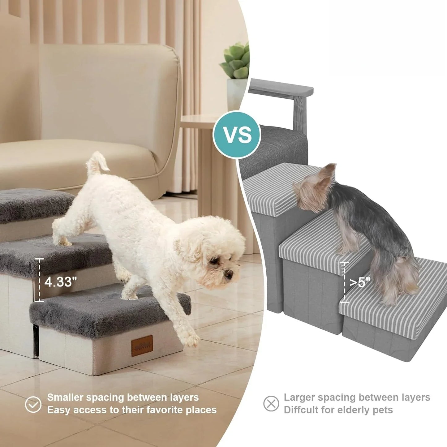 Dog Stair for Small Dogs with Storage, Foldable Pet Step with Soft Cover, Older Cat Ramp for Chair Couch Sofa, Lightweight