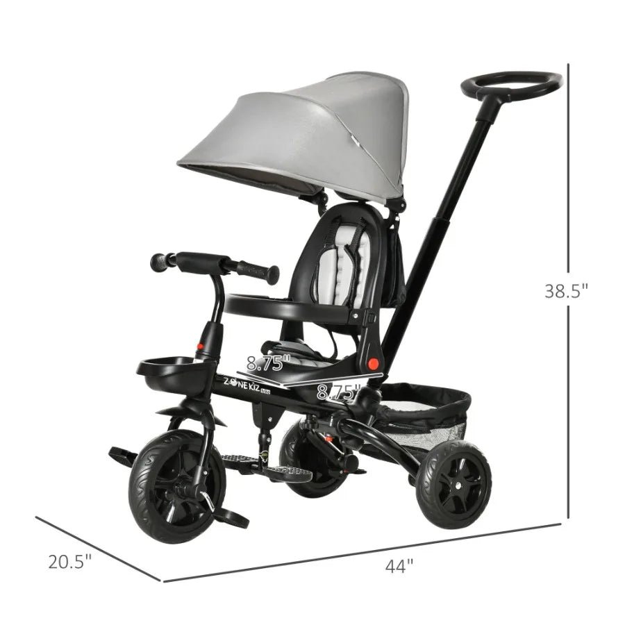 Baby Tricycle 4 In 1 Trike With Reversible Angle Adjustable Seat Removable Handle Canopy Handrail Belt Storage Footrest Brake
