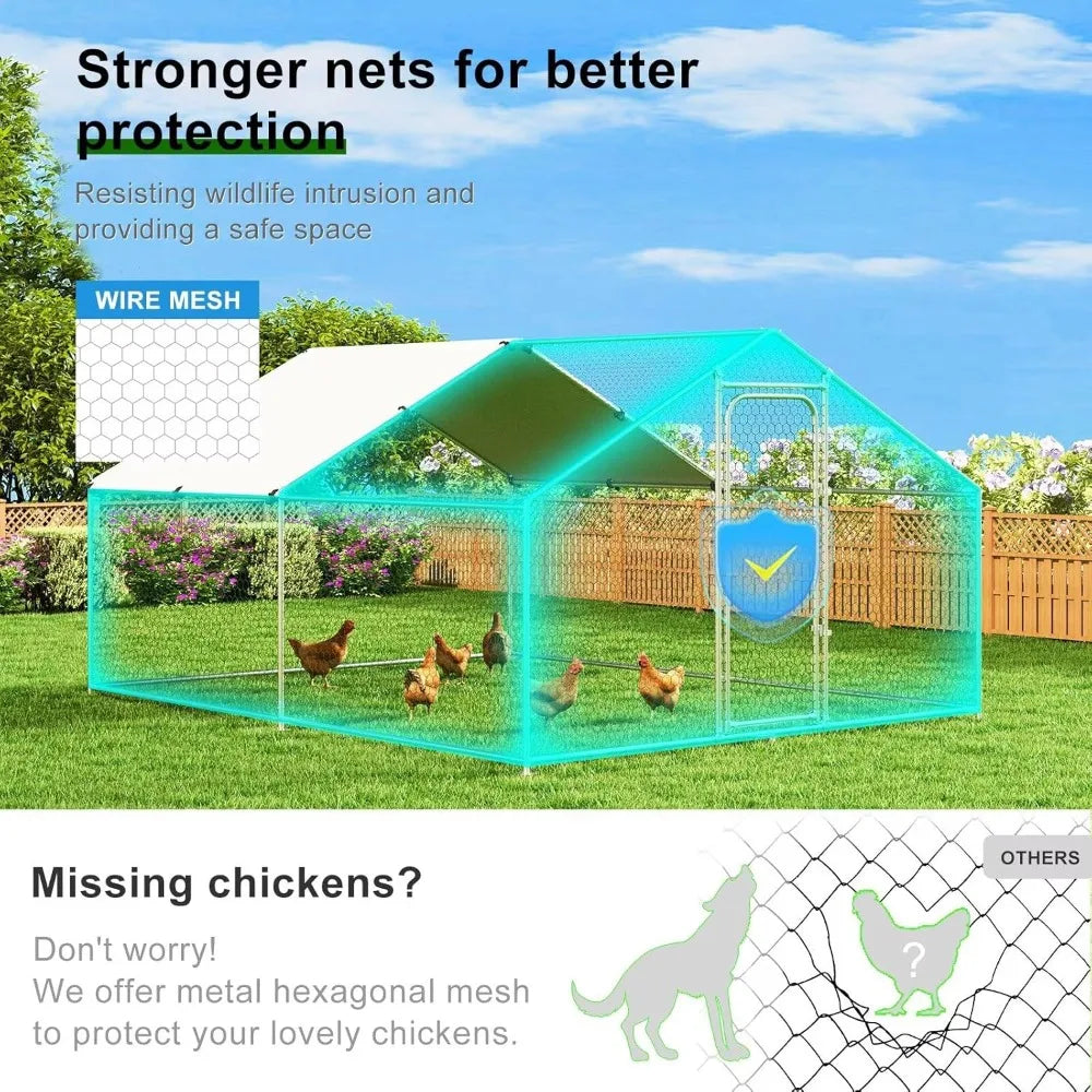 Large Metal Chicken Coop Walk-in Poultry Cage Chicken Run Pen Duck House with Waterproof and Anti-Ultraviolet Cover