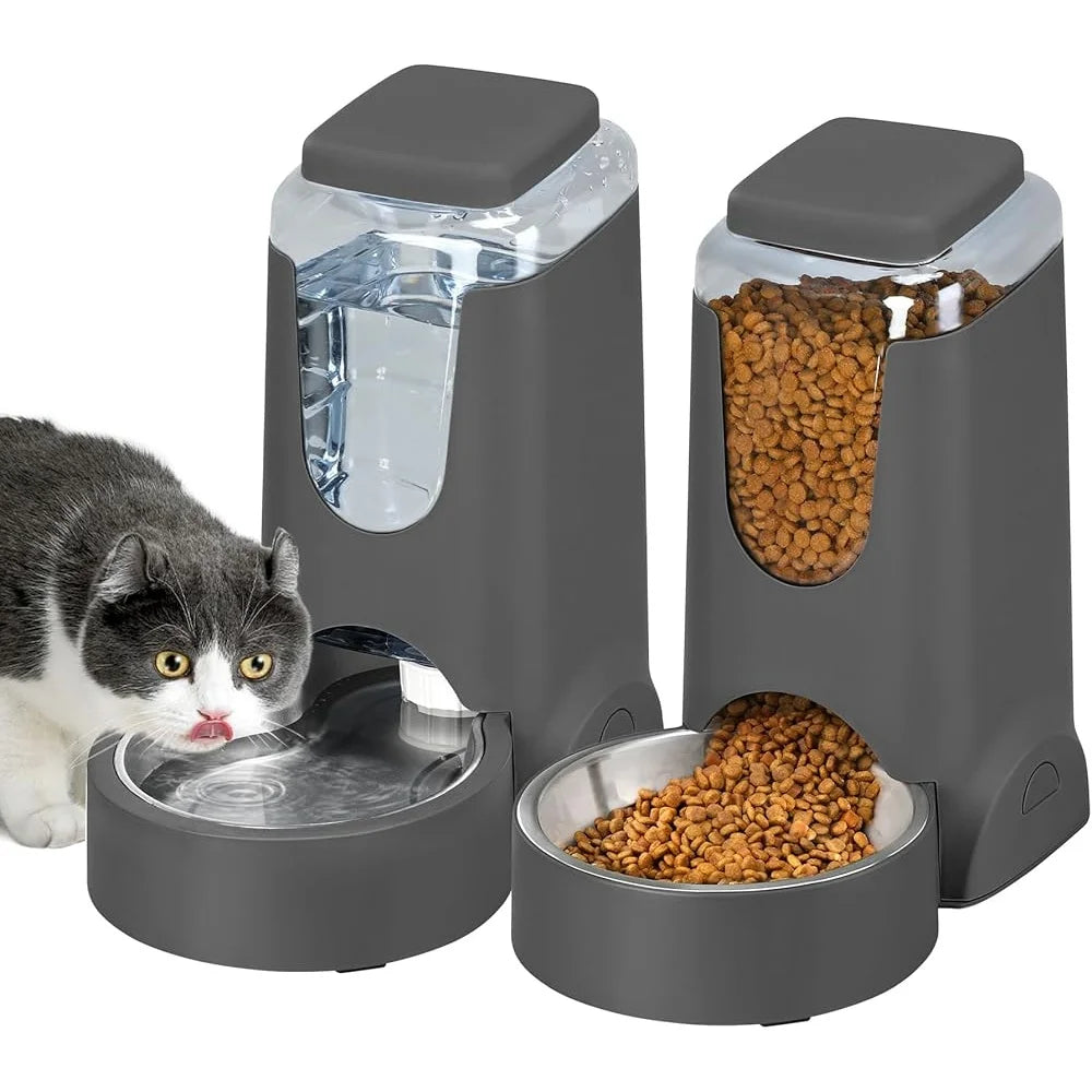 2 Pack Automatic Cat Feeder and Dog Waterer Stainless Steel Gravity Food Dispenser Easy Clean Pet Supply for Small and Medium Animals