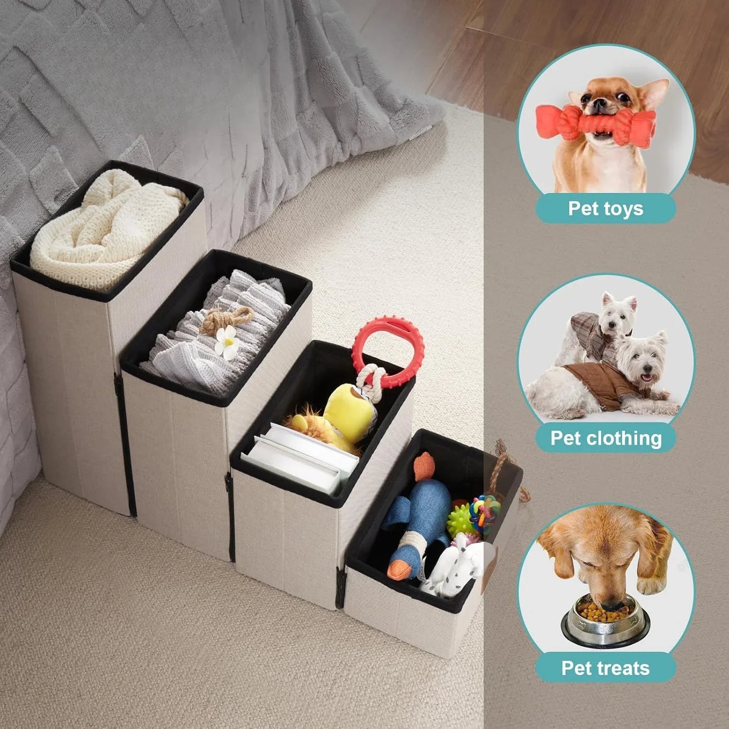 Dog Stair for Small Dogs with Storage, Foldable Pet Step with Soft Cover, Older Cat Ramp for Chair Couch Sofa, Lightweight