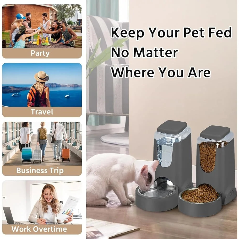 2 Pack Automatic Cat Feeder and Dog Waterer Stainless Steel Gravity Food Dispenser Easy Clean Pet Supply for Small and Medium Animals