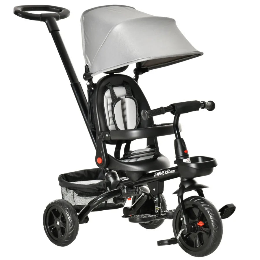 Baby Tricycle 4 In 1 Trike With Reversible Angle Adjustable Seat Removable Handle Canopy Handrail Belt Storage Footrest Brake