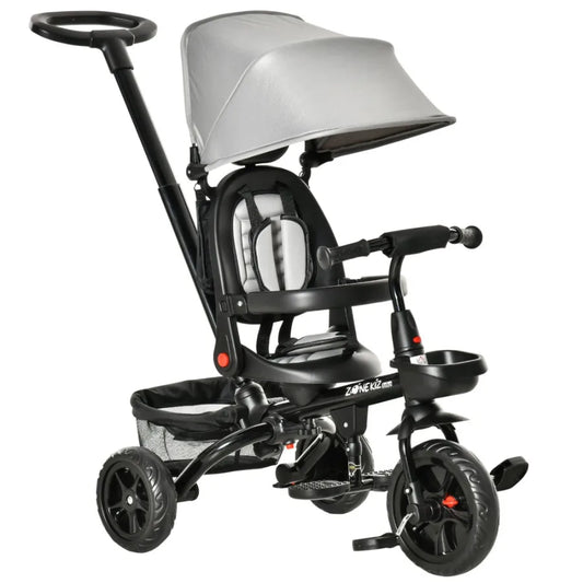 Baby Tricycle 4 In 1 Trike With Reversible Angle Adjustable Seat Removable Handle Canopy Handrail Belt Storage Footrest Brake