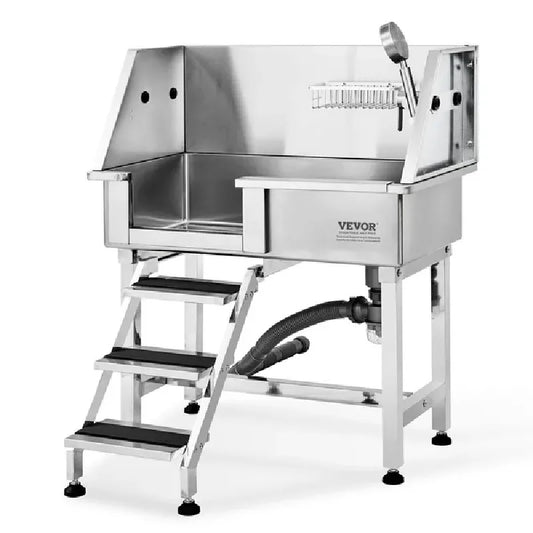 VEVOR 34 Inch Pet Dog Bathing Station with Ramp Professional Stainless Steel Dog Grooming Tub with Storage Drawer and Faucet Rich Accessory