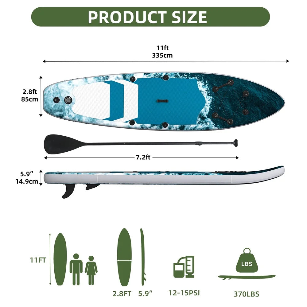 Inflatable Stand Up Paddle Board 11 Feet Complete Kit Fishing Paddleboarding Accessories Non Slip Deck Durable PVC Water Sports