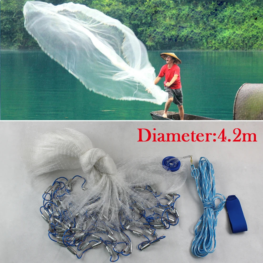 14ft Hand Cast Fishing Net with Diffuser Bait Dense Mesh Durable Hollow Sinker Full Spread 4.2M Mesh