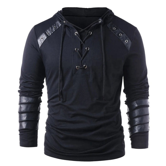 Leather Patchwork Drawstring Hooded Men's Long Sleeve V Neck Lace Up Blouse Vintage Medieval Plus Size Loose Tee