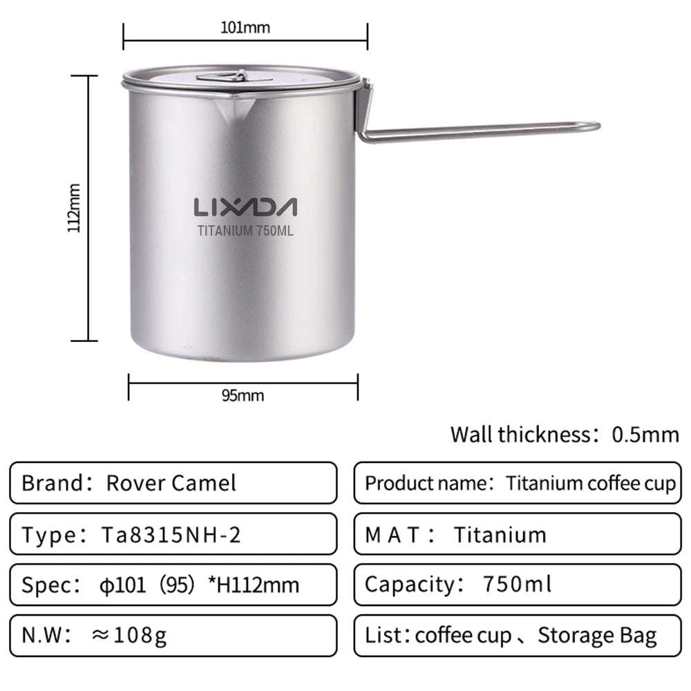 Ti Water Cup with Lid and Handle Outdoor Camping Tea Cup