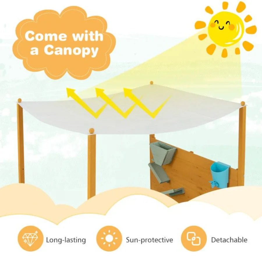 Sandbox with Sand Wall and Removable Canopy for Ages 3 and Up