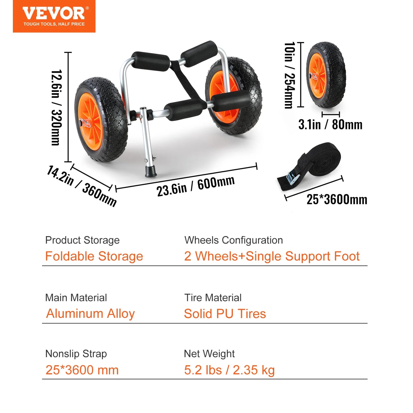 VEVOR Kayak Cart 250lbs Foldable Canoe Trolley with 10 Inch Tires Support Foot for Paddleboards Jon Boats and Float Mats