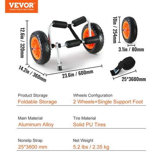 VEVOR Kayak Cart 250lbs Foldable Canoe Trolley with 10 Inch Tires Support Foot for Paddleboards Jon Boats and Float Mats