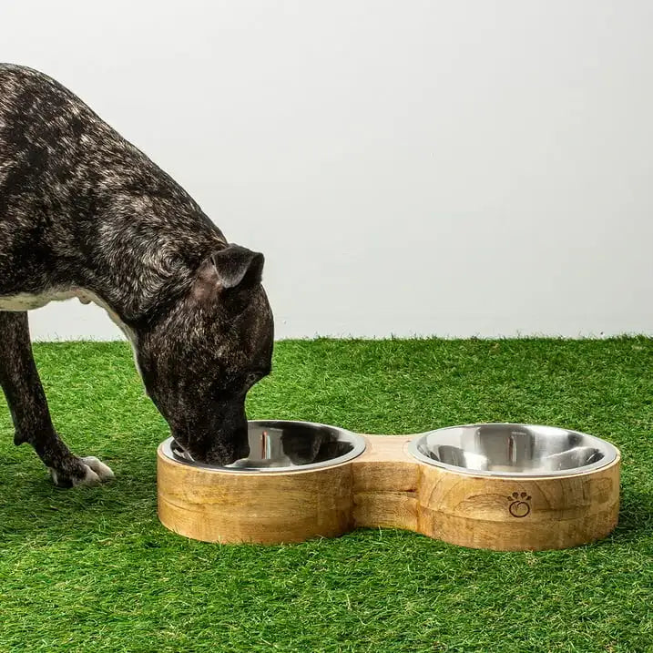 GF Pet Figure 8 Dog Bowl Elevated Removable Stainless Steel Insert Mango Wood for Small Medium Large Dogs