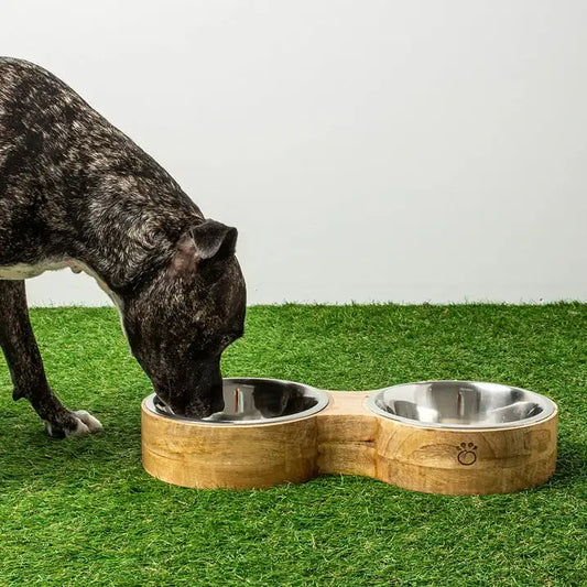 GF Pet Figure 8 Dog Bowl Elevated Removable Stainless Steel Insert Mango Wood for Small Medium Large Dogs