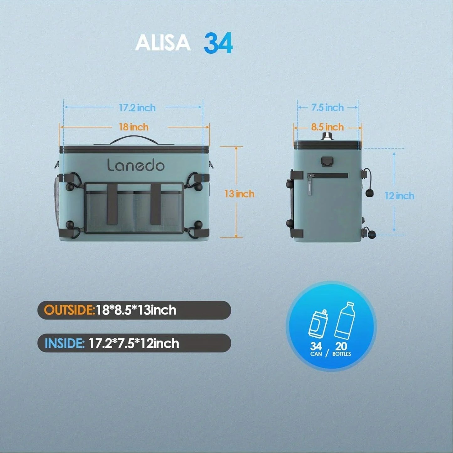34/28 Can Lanedo Soft Sided Cooler Collapsible Waterproof Ice Chest Travel Cooler for Food Shopping Camping Fishing