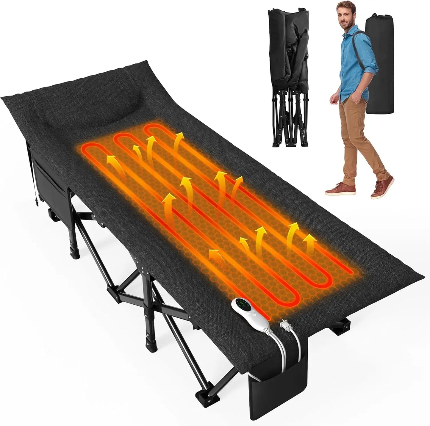 Heated Camping Cot Padded Folding Camping Cot for Adults 1200D Double Layer Sleeping Cot Bed for Office or Patio
