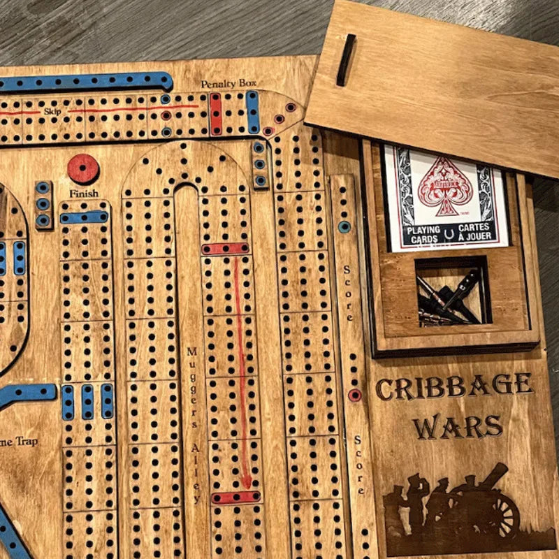 Wooden Cribbage Wars Board Game Set with Built-In Storage Compartment for Pegs Fun Family Table Game