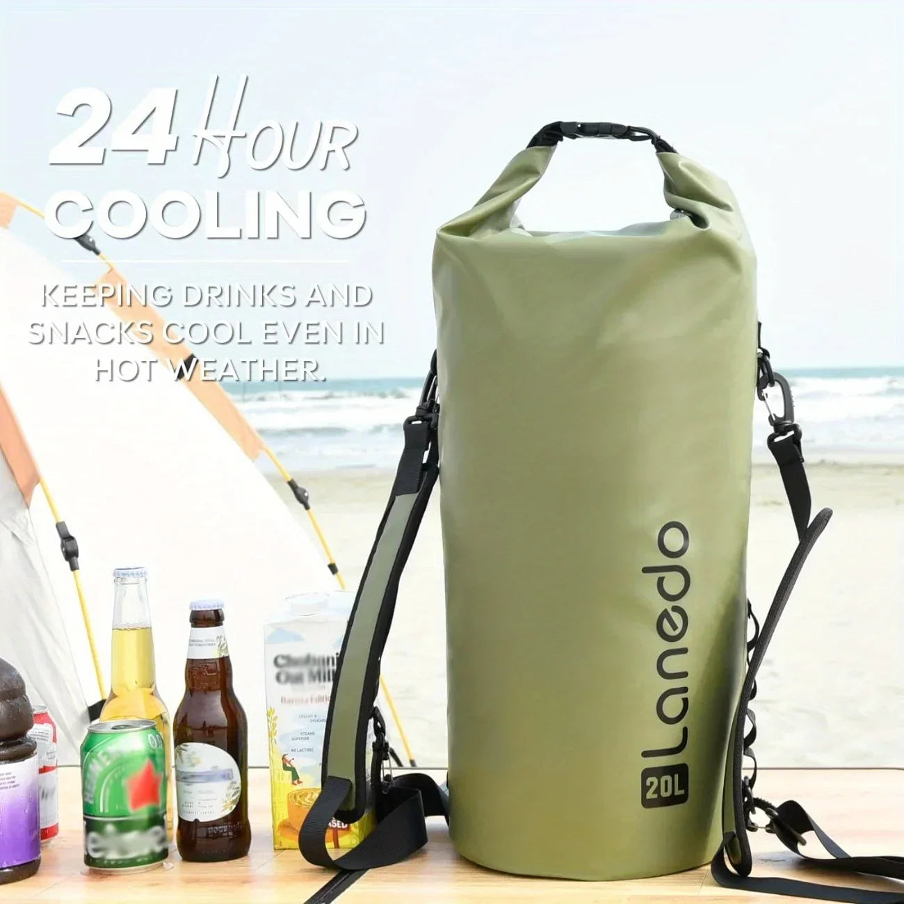Lanedo Round Barrel Collapsible Backpack Cooler Waterproof Hands Free Cooler Bag 24 Hours Cooling Soft Sided Cooler
