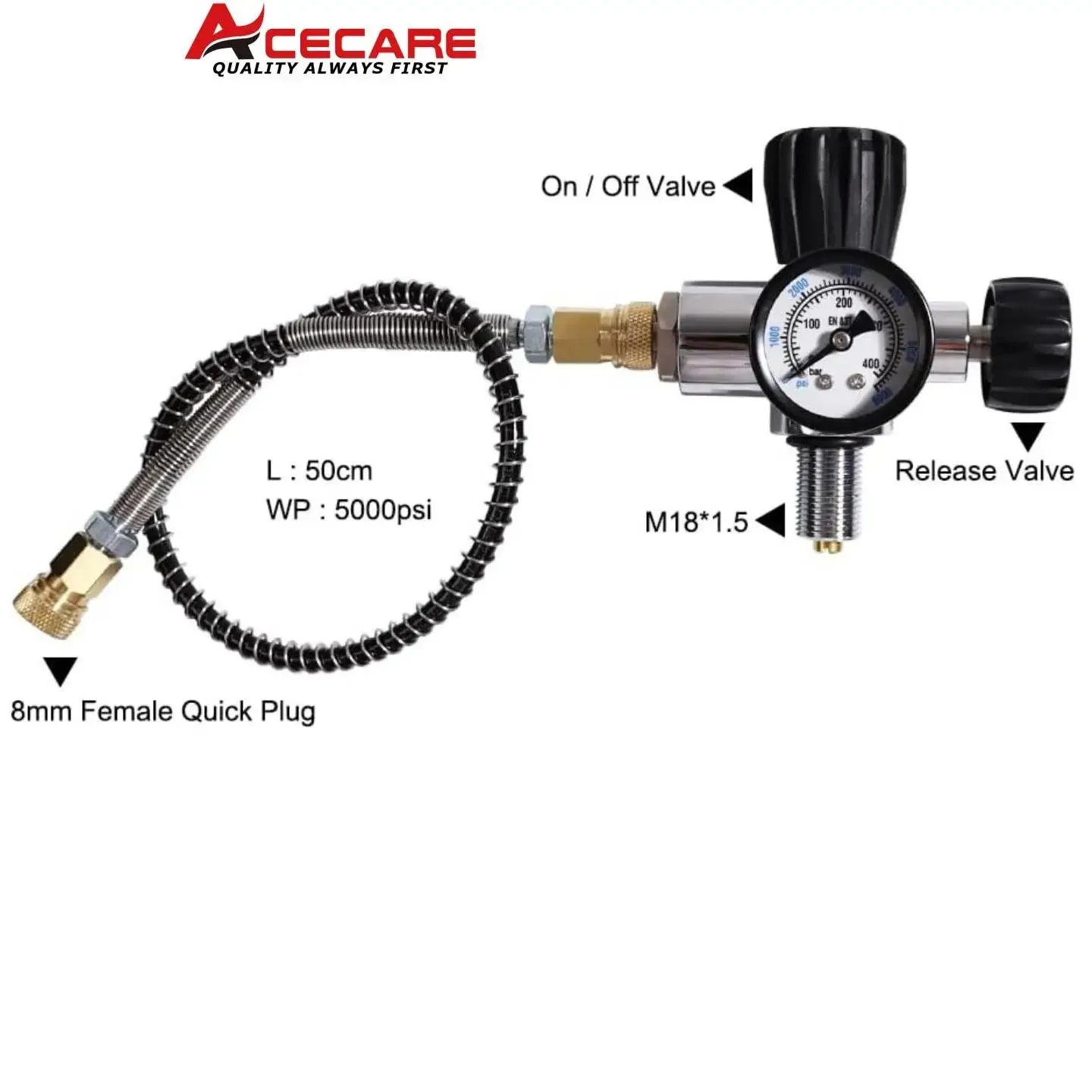 Acecare 4500Psi 300Bar 12L Carbon Fiber High Pressure Air Tank HPA Fill Station with Regulating Valve for Scuba Diving M18X1.5