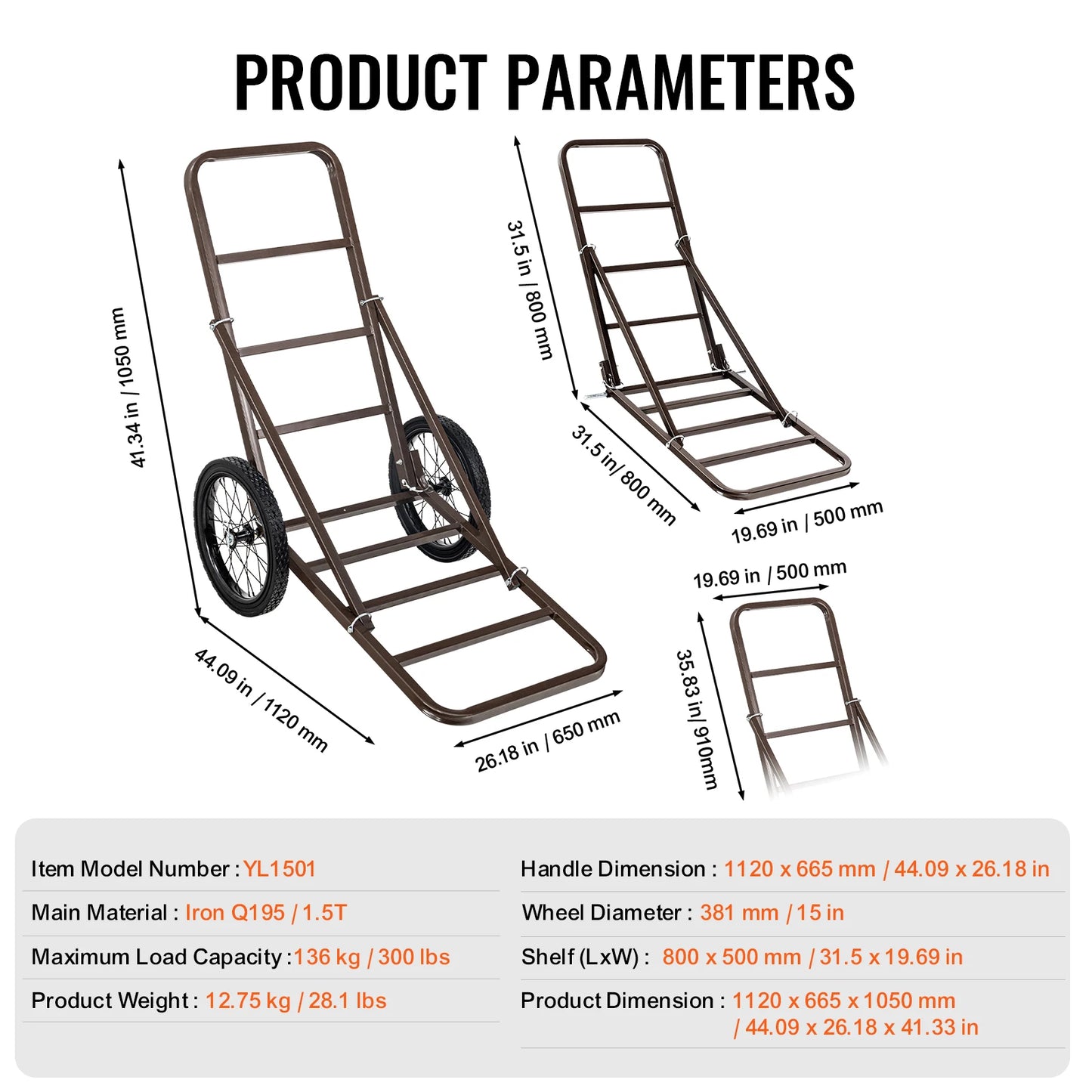 VEVOR Deer Cart 300 Pounds Capacity Folding Game Cart Heavy Duty Accessories Utility Gear Dolly for Hunting Fishing Hiking