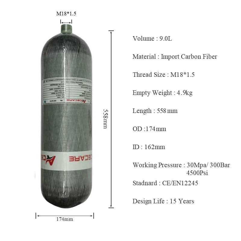 Acecare 4500psi 9L Carbon Fiber Scuba Diving Tank with Bumper and Anti Rolling Carry Strap